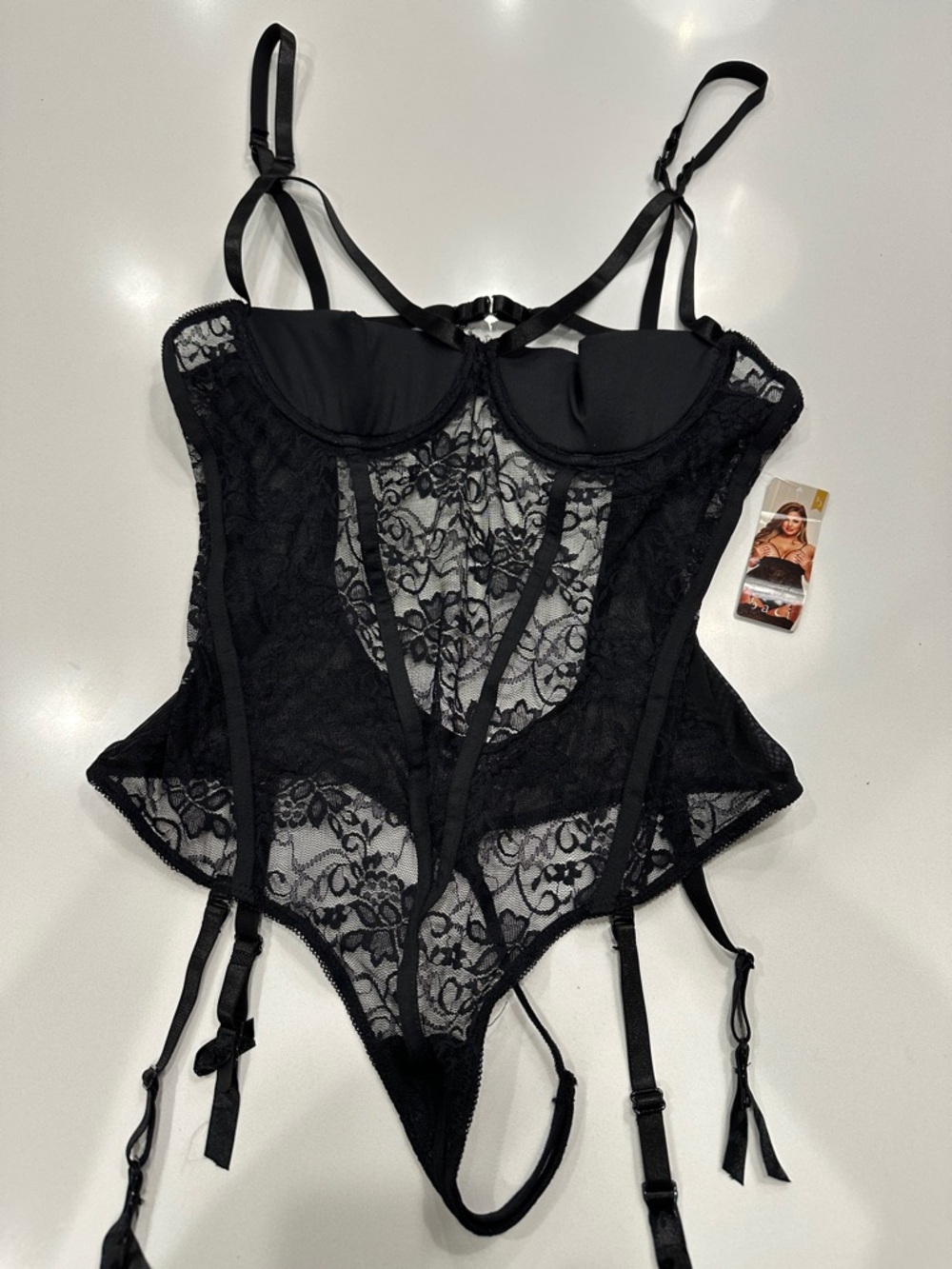 Baci Black Lace Teddy One Piece Bodysuit with Garters Women’s Size 14-18 NWT